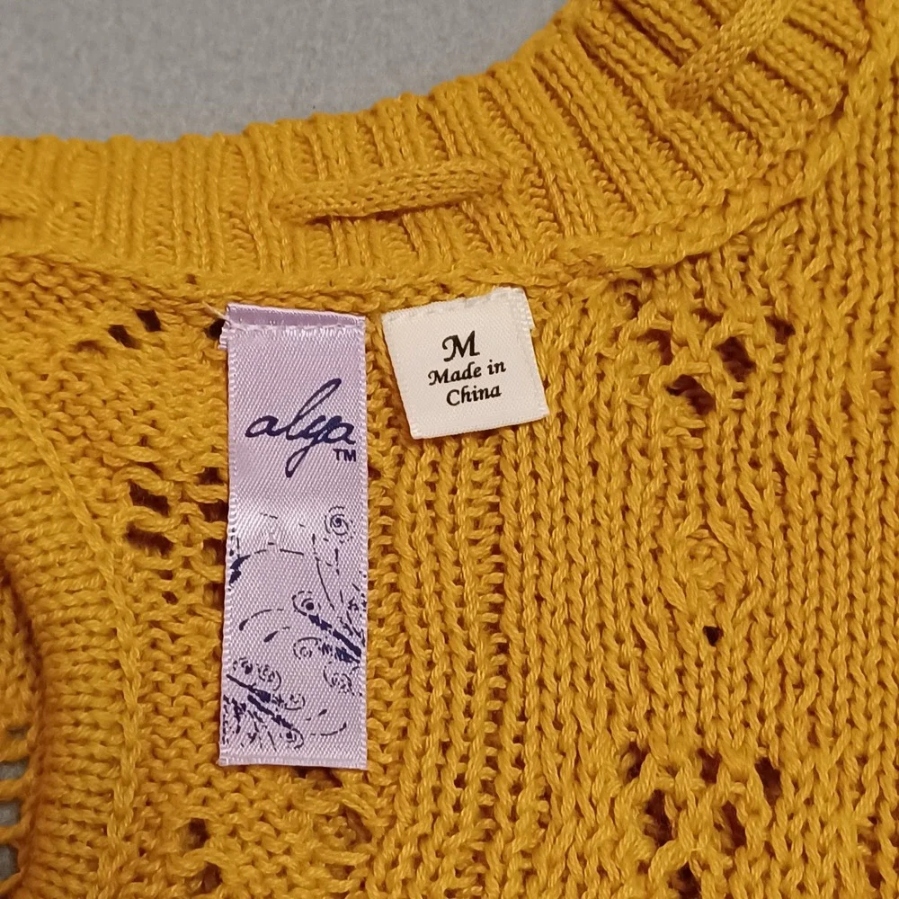 Alya Sweater Womens Medium Yellow Pointelle Open Knit Keyhole Back Pullover